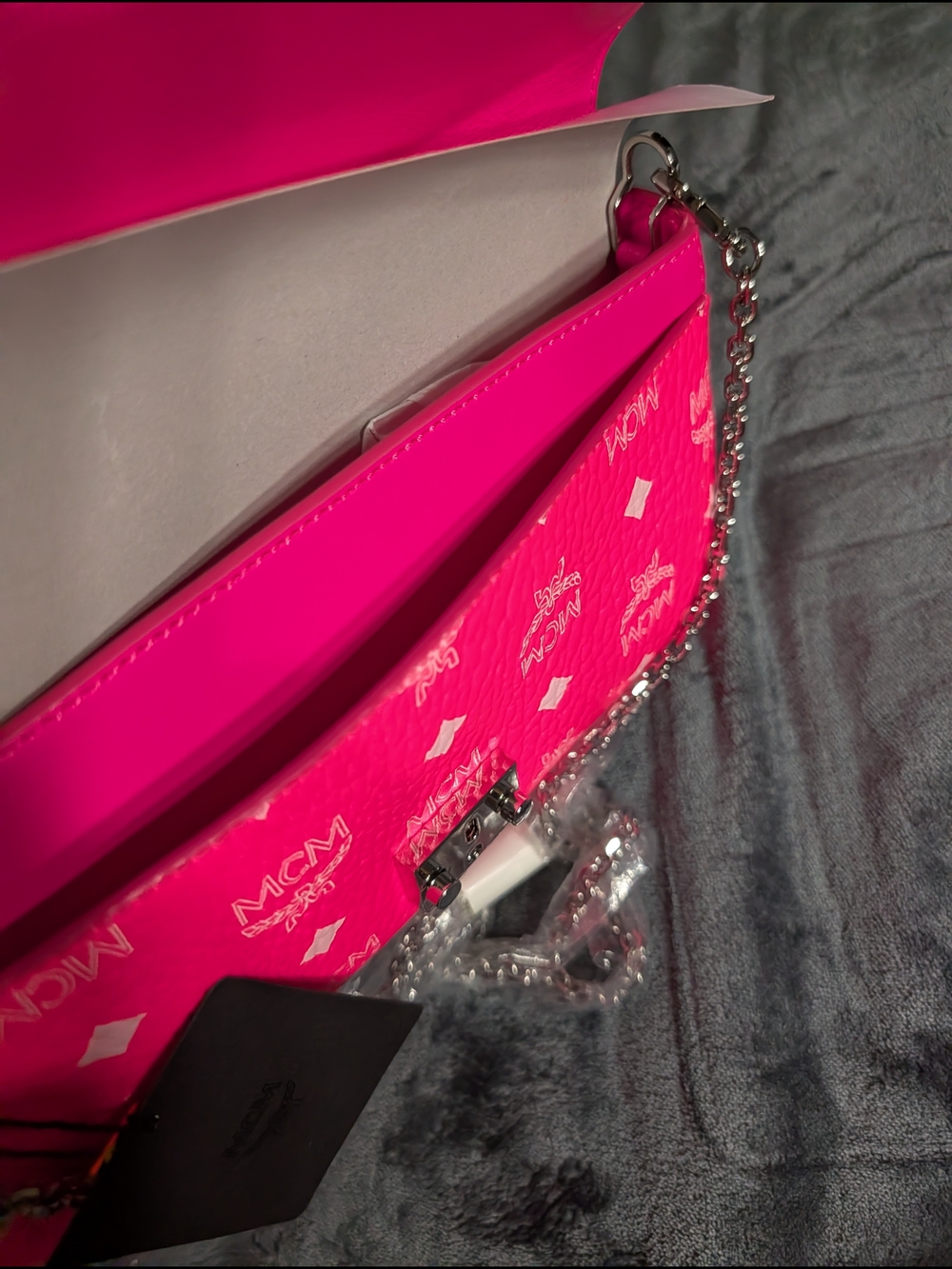 MCM Pink Logo Leather Clutch, Millie Sm Crossbody In Neon Pink & Silver Hardware - Picture 10 of 12